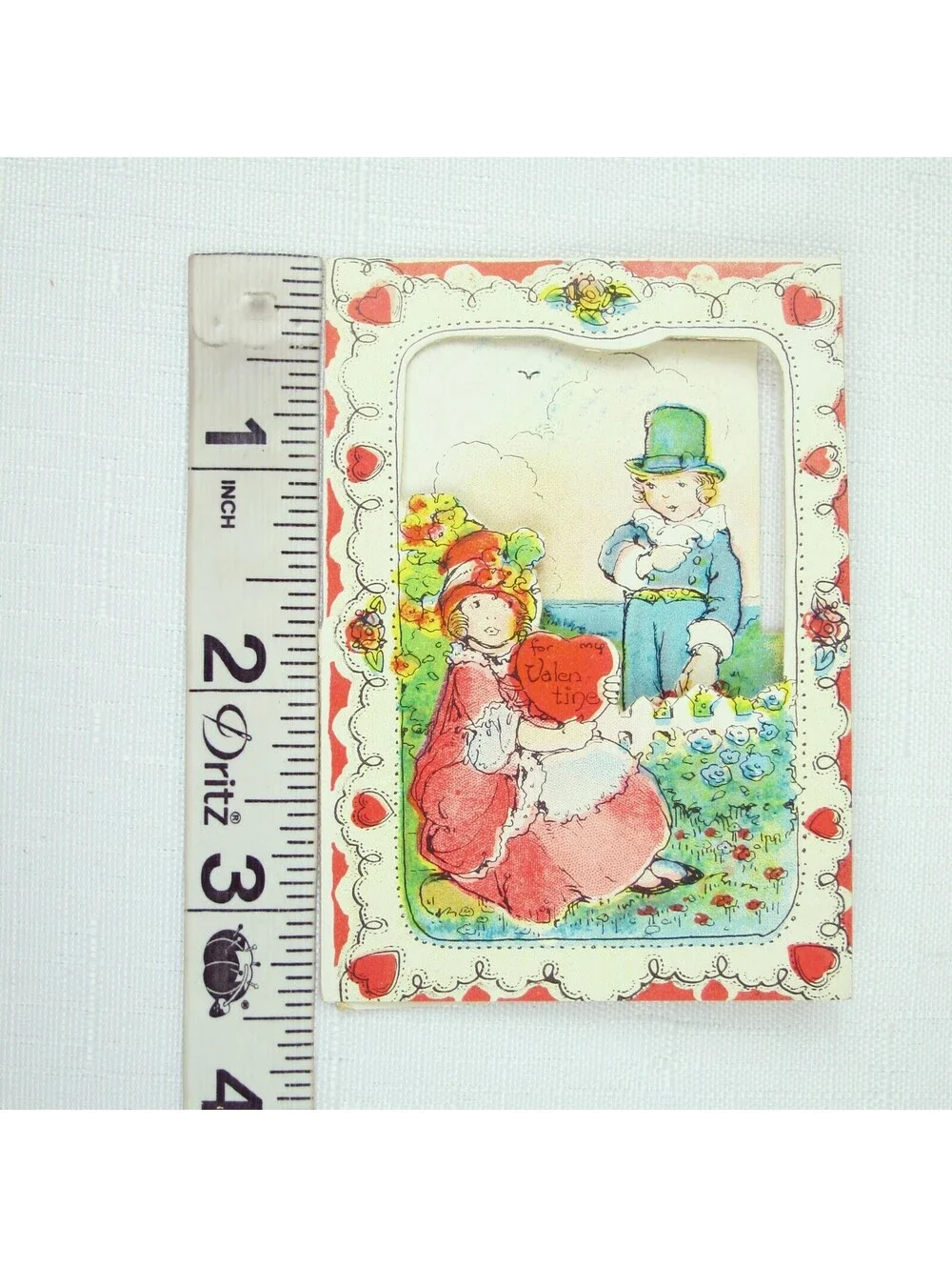 Vintage Valentine Die cut Fold 3D Card Cute Girl & Boy Garden 1920s-30s UNSIGNED